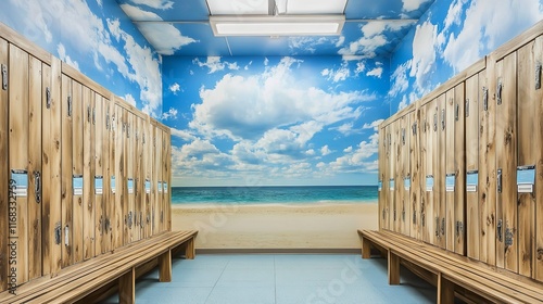 Lockers in the Gym with Sky and Beach Wallpaper and Wooden Lockers

 photo