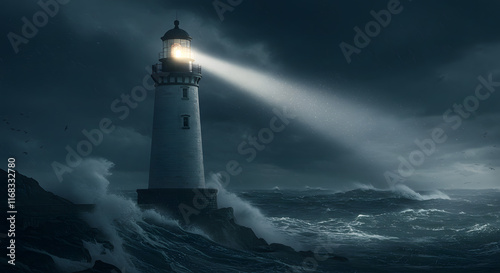 Guiding light in the storm: towering lighthouse amidst crashing waves and dark skies symbolizing divine guidance and hope