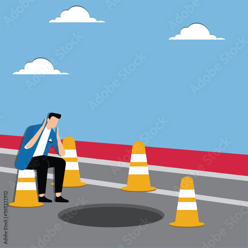 Cautiousness, risk, dangerous uncertainty, analysis and doubt about the unknown, doubtful businessmen standing in front of traffic cones and potholes