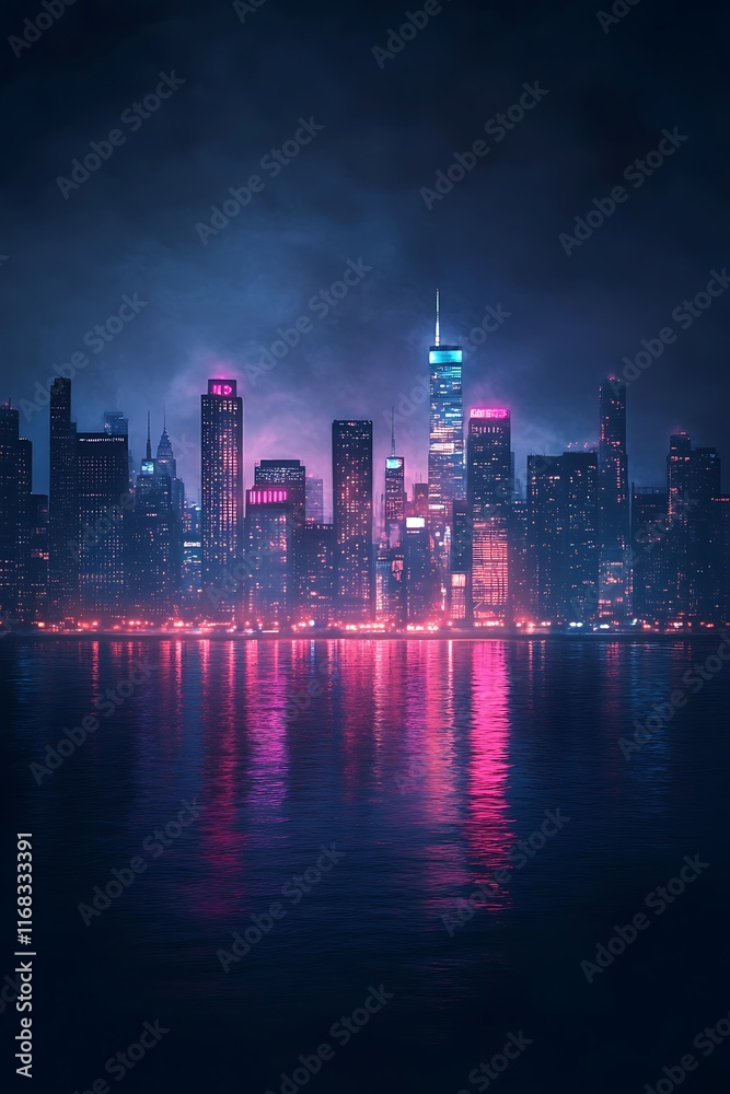 Fototapeta premium neon urban skyline with illuminated buildings and glowing digital themes 