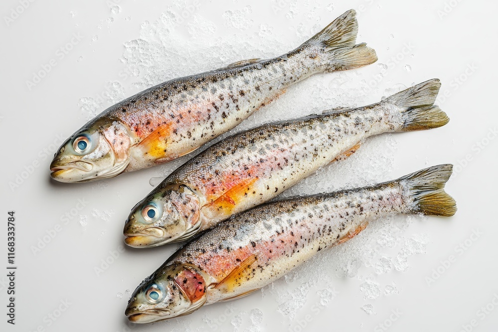 Three fresh trout on ice. Three fresh trout on ice.