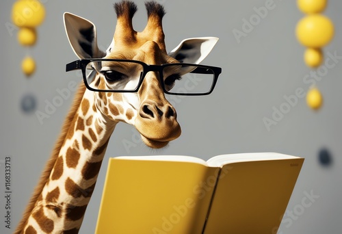 again giraffe stylish deeply reading book engrossed glasses intellectual comically