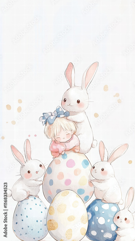Obraz premium Cute girl hugging bunnies with colorful Easter eggs in a whimsical scene