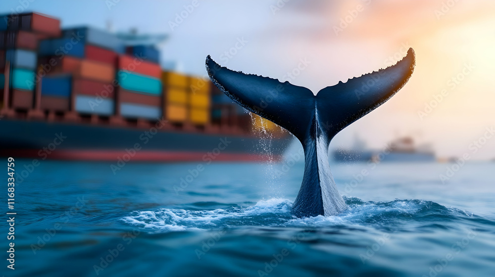 Fototapeta premium A magnificent whale tail emerging from tranquil waters with cargo ships in the background, showcasing marine life.