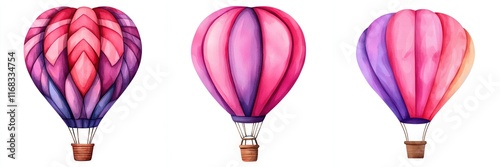 Valentine spark concept. Colorful hot air balloons in shades of pink and purple floating together.