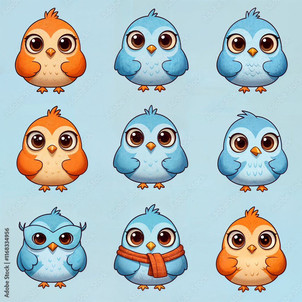 Fototapeta premium Illustration of cute blue and orange birds cartoon. Collection of cartoon birds on blue background.