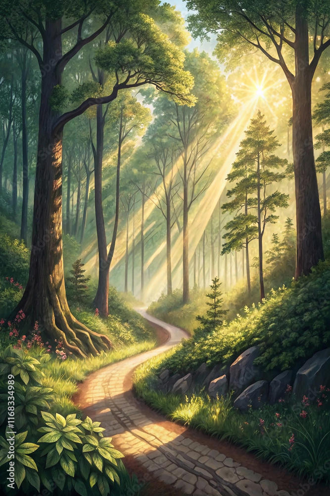 Obraz premium morning in the forest, Forest scene with sunlight rays, path of faith and tranquility highlighted wallpaper