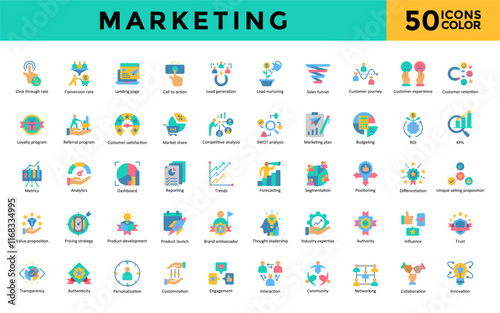 Marketing icon set with budgeting, roi, kpis, metrics, analytics, dashboard, reporting, trends, forecasting, segmentation, positioning, differentiation icon. Simple flat color vector 
