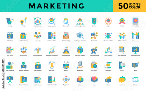 Marketing icon set with campaign, strategy, target audience, market research, data analysis, audience segmentation, branding, logo, identity, brand guidelines icon. Simple flat color vector 
