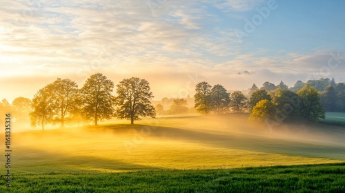Golden sunrise over misty field with trees.