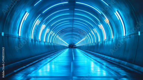 A futuristic tunnel illuminated by vibrant blue lights, creating a mystical atmosphere with sleek, reflective surfaces.