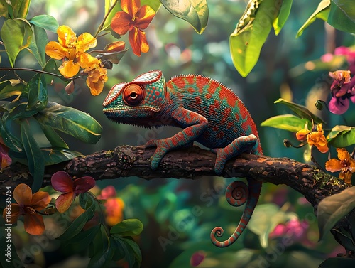 A chameleon clinging to a twisted branch in a vibrant rainforest, surrounded by blurred green foliage and colorful flowers