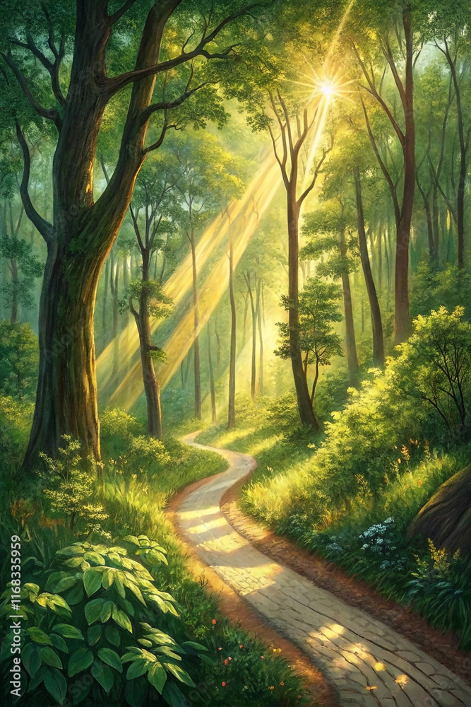 Fototapeta premium morning in the park, Forest scene with sunlight rays, path of faith and tranquility highlighted wallpaper
