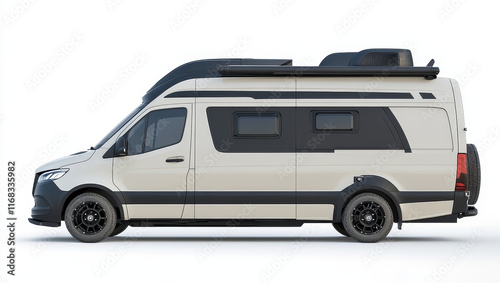 Sleek off-white camper van with black accents, side profile view on white background. Sleek off-white camper van with black accents, side profile view on white background.