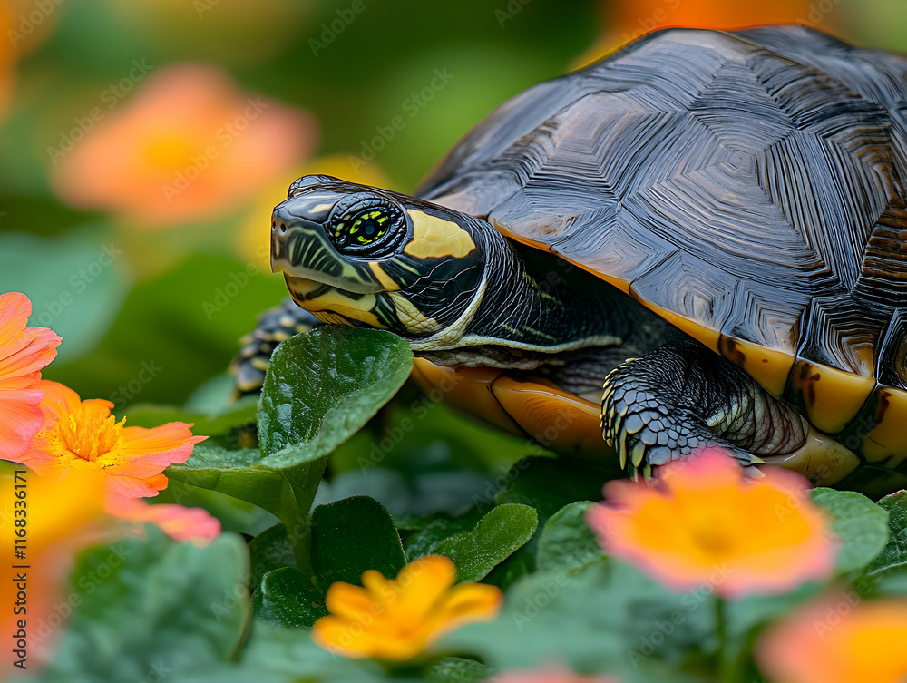 A serene turtle amidst vibrant flowers, showcasing nature's beauty and harmony in a colorful garden setting. A serene turtle amidst vibrant flowers, showcasing nature's beauty and harmony in a colorful garden setting.