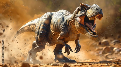A powerful 3D dinosaur roars on a bright brown background, its rugged design and dynamic motion impressing the eye