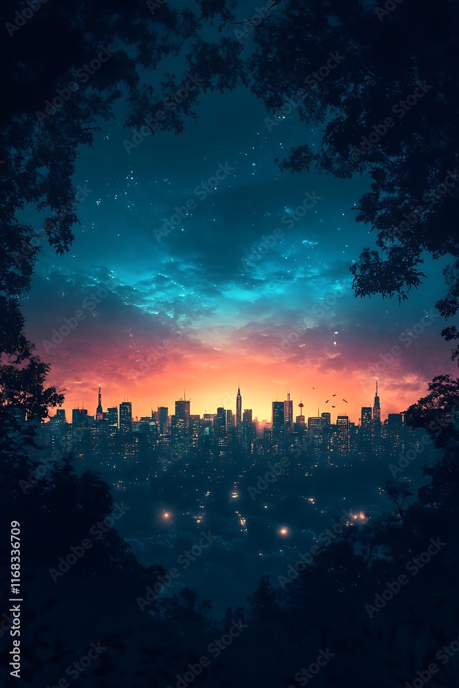Fototapeta premium panoramic skyline view with illuminated urban buildings and abstract tech paths 