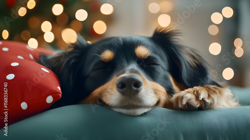 A cozy dog resting peacefully on a holiday-themed pillow, surrounded by soft lights for a warm festive atmosphere. photo