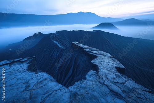 Serene sunrise over volcanic landscape, misty valleys and textured mountains in a cool blue hue. photo