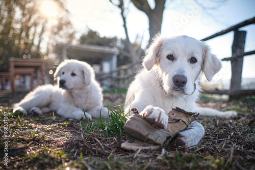 Splendidi animali da compagnia giocano nel cortile photo