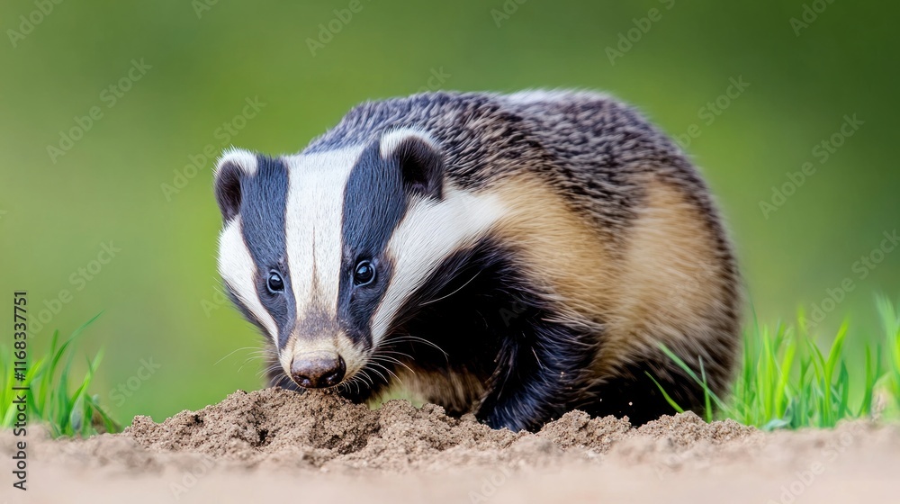 Obraz premium A badger foraging in the soil with a blurred green background.
