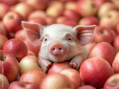 A cute piglet nestled among a pile of vibrant red apples, showcasing a delightful farm scene. photo