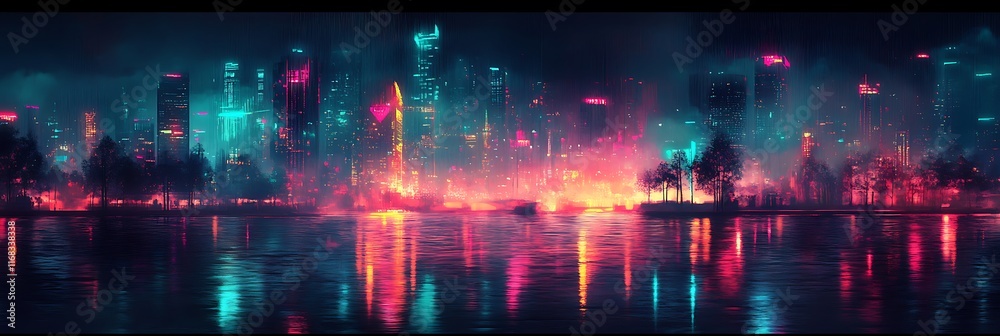 Fototapeta premium modern city landscape with vibrant elements and glowing futuristic overlays 