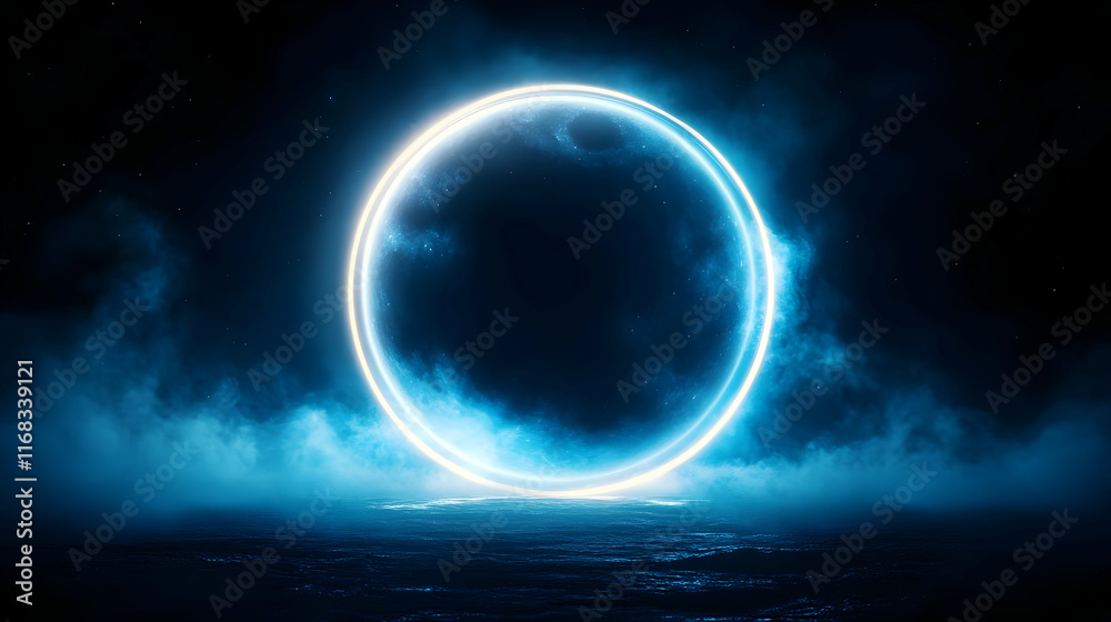 Obraz premium A glowing blue circle in a misty atmosphere, creating a mystical and futuristic ambiance.