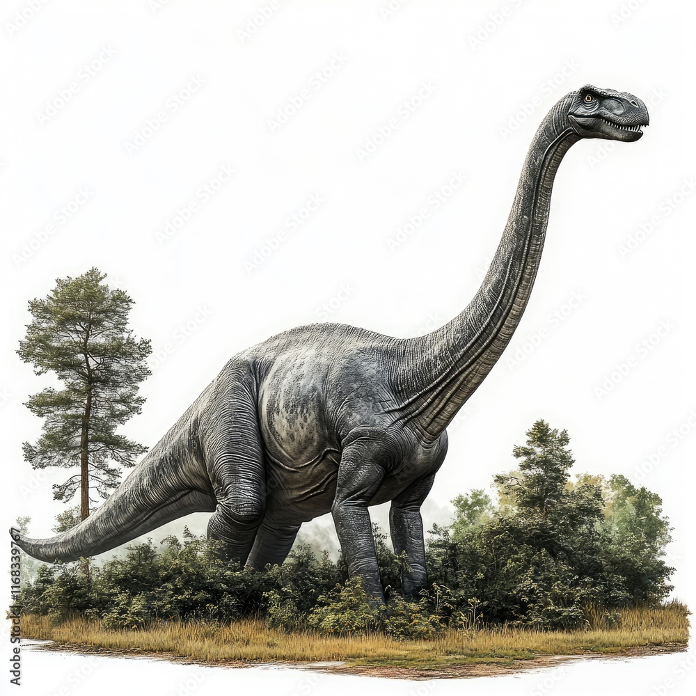 Obraz premium A large dinosaur stands among trees in a natural setting.