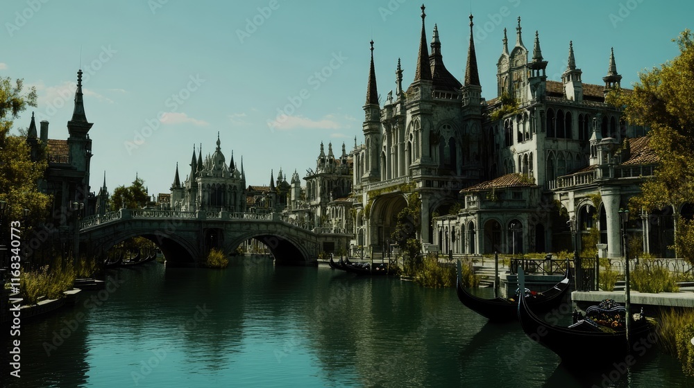 Fototapeta premium A serene, fantastical cityscape with canals and ornate architecture under a bright sky.