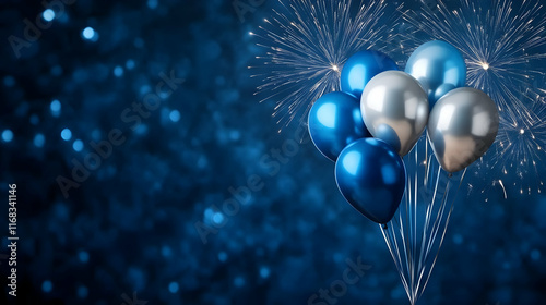 A vibrant display of blue and silver balloons against a sparkling blue background, perfect for celebration themes.