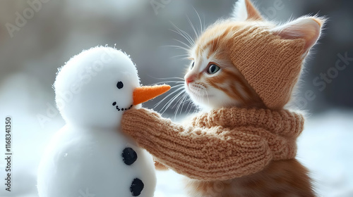 A playful kitten in a cozy sweater interacts with a cheerful snowman in a winter wonderland. photo