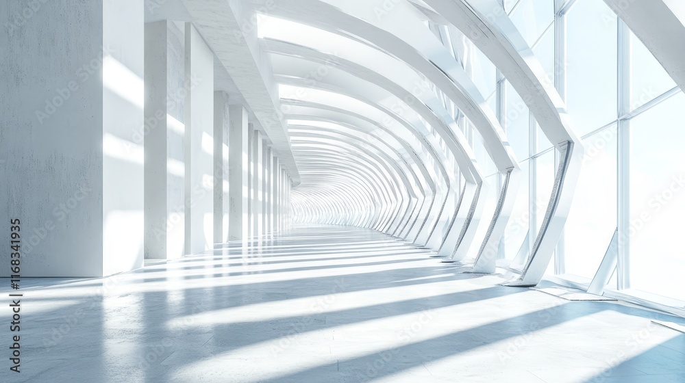Modern white hallway with curved walls and large windows, sunlight streams through. Modern white hallway with curved walls and large windows, sunlight streams through.