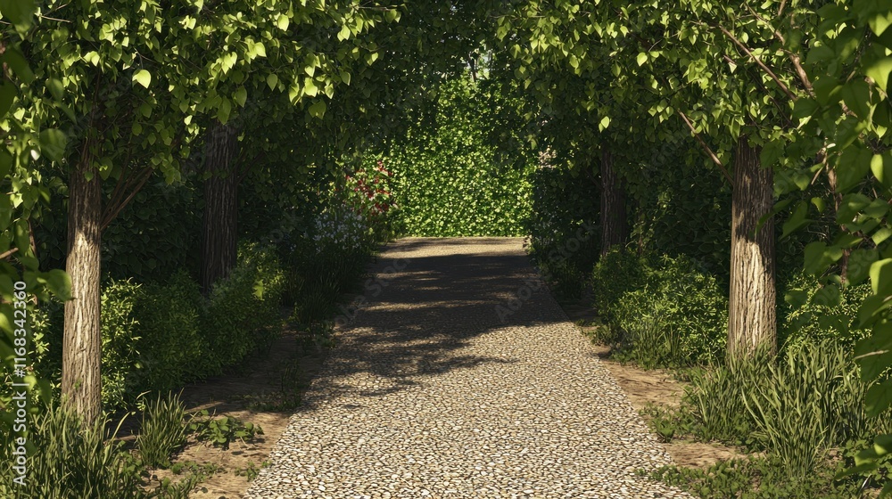 Obraz premium A serene pathway framed by lush greenery and trees.