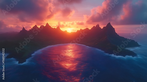 Vibrant sunset over tropical island peaks reflected in calm ocean water.