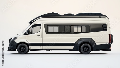 Off-white camper van with black accents, side profile view on white background.
