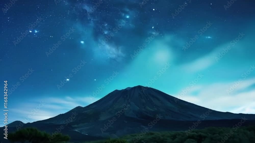 Large mountain range with visible silhouettes through morning colorful white fog, abstract vivid composition consists of fictional unreal fantastic vision on background