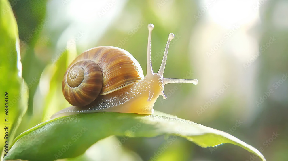 Close up of snail on green leaf, showcasing its delicate features and texture Close up of snail on green leaf, showcasing its delicate features and texture
