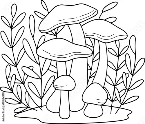 Cute mushroom floral coloring page vector illustration, black white outline coloring book for kids