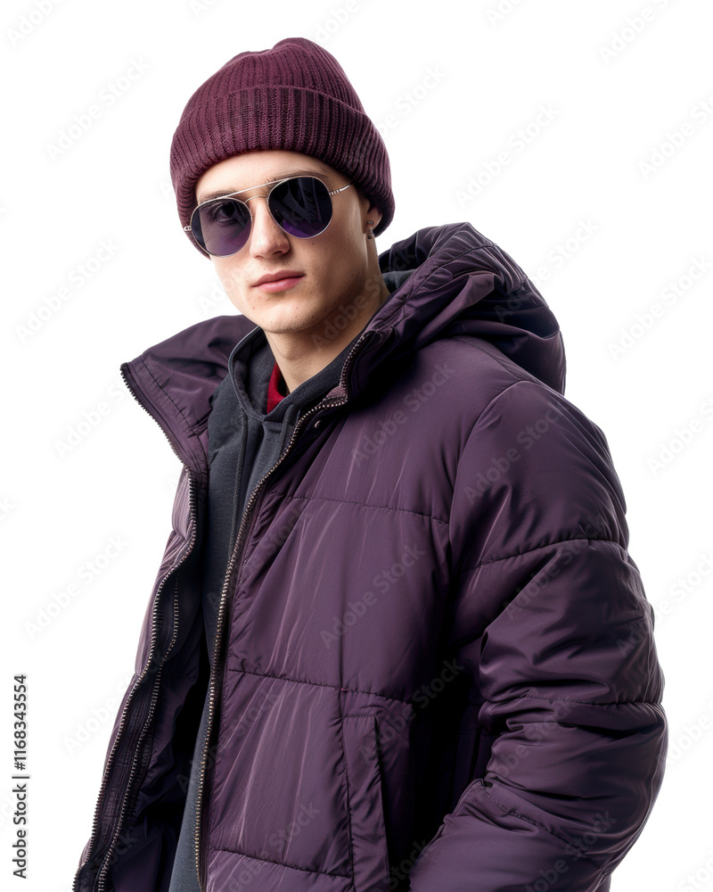 Young Man in red winter jacket with with sunglasses isolated on transparent background Young Man in red winter jacket with with sunglasses isolated on transparent background