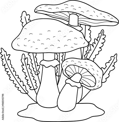 Cute mushroom floral coloring page vector illustration, black white outline coloring book for kids