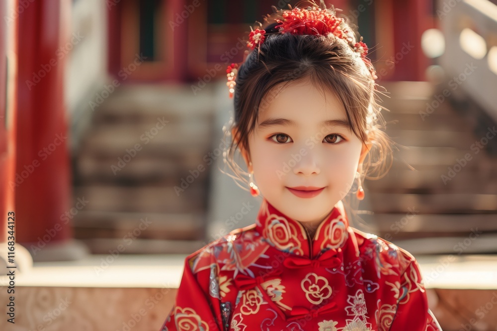 A young girl wearing a traditional red dress, adorned with floral designs, smiling gracefully in a serene environment. A young girl wearing a traditional red dress, adorned with floral designs, smiling gracefully in a serene environment.