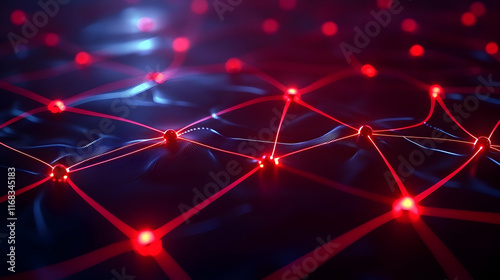 Abstract digital network with glowing red nodes and dark background, symbolizing connectivity and modern technology.