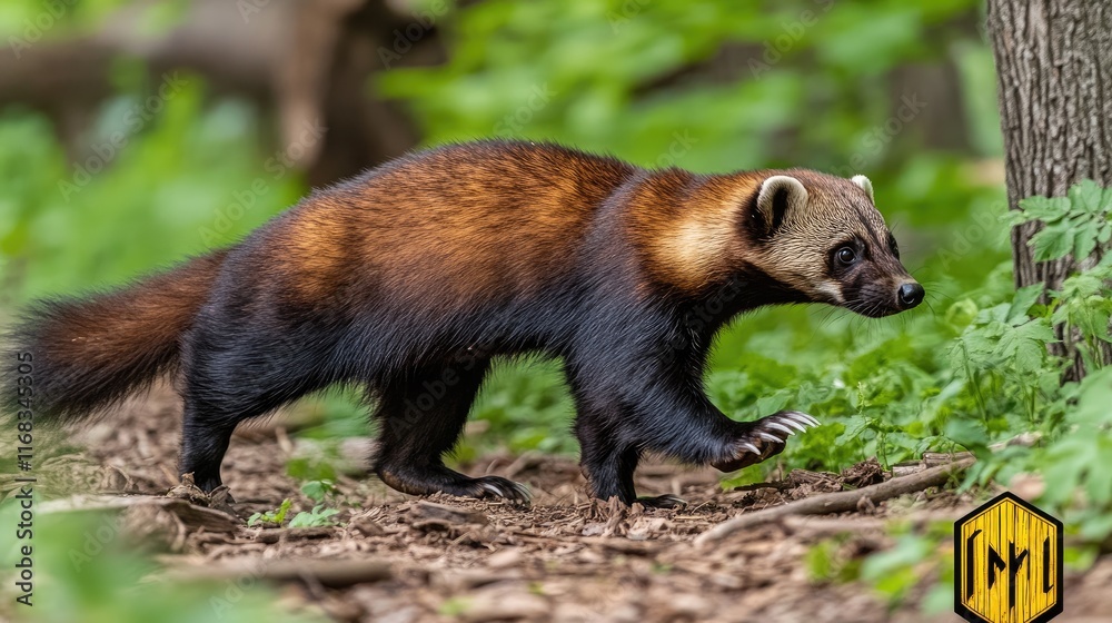 A wolverine walking through a forested area, showcasing its distinctive fur and habitat. A wolverine walking through a forested area, showcasing its distinctive fur and habitat.