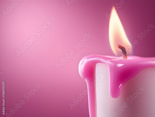 A vibrant pink candle with a flame, exuding warmth and ambiance against a soft pink background. photo