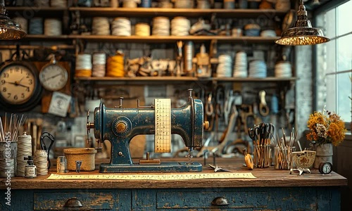 Wallpaper Mural A vintage sewing machine surrounded by spools of thread and sewing tools in a workshop. Torontodigital.ca