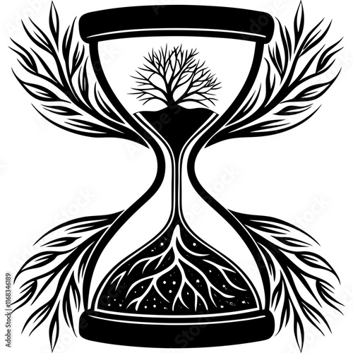 Symbolic Hourglass with Tree of Life and Roots - Timeless Vector Illustration

