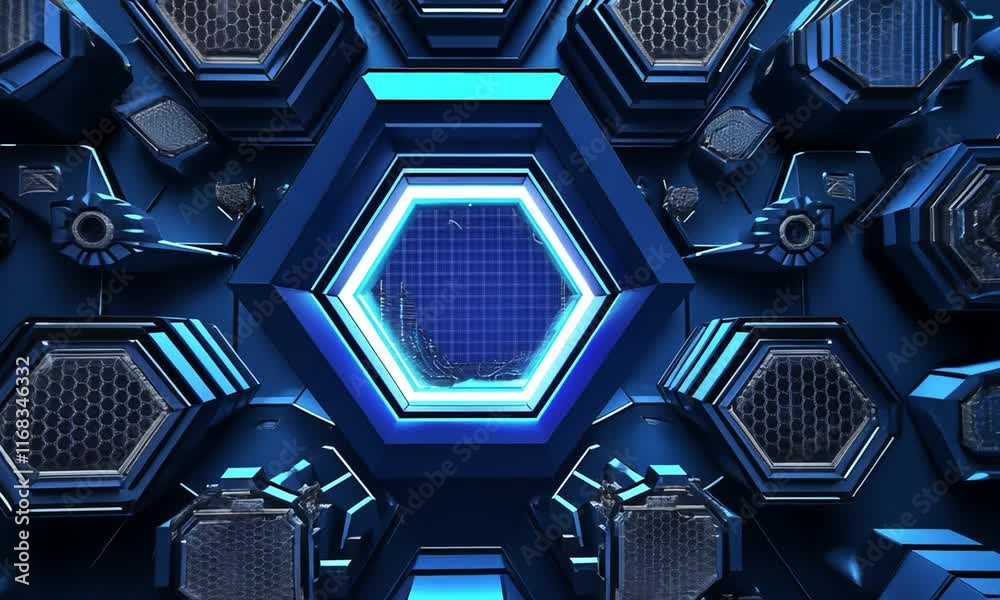 Abstract futuristic blue hexagonal patterns with glowing elements create a visually striking backdrop for technology, science fiction, or digital themes in stock photo imagery.