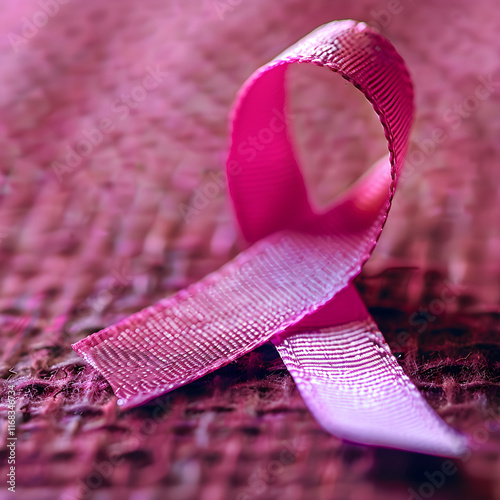 Close-up of a pink breast cancer awareness ribbon on fabric photo