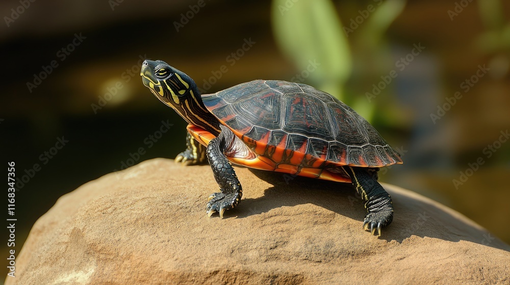 A turtle basking on a rock near water, showcasing its colorful shell and serene environment. A turtle basking on a rock near water, showcasing its colorful shell and serene environment.